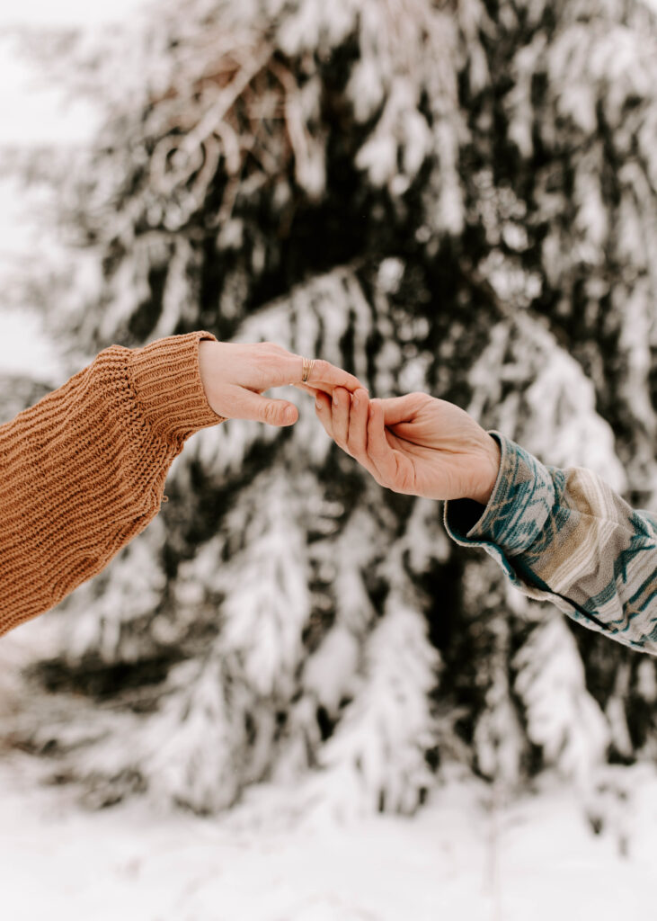 Iowa Wedding Photographer, couple holds hands in the snow during winter engagement session