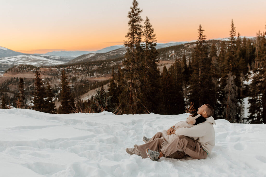 sunset snowy engagement photos in colorado mountains