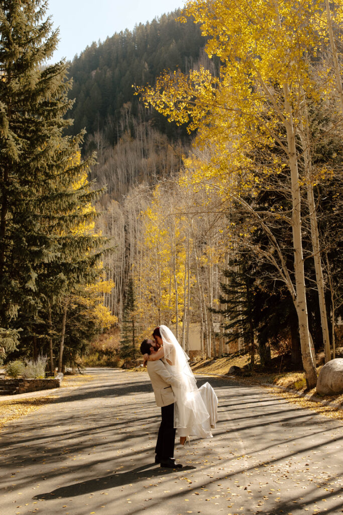 cute wedding pose during bride and groom portraits 