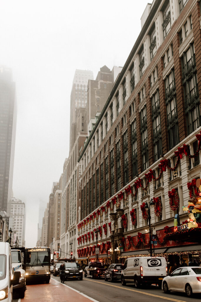 downtown Manhattan christmas decorations on a snowy day