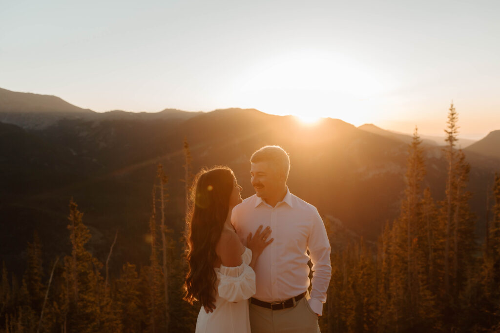 golden hour engagement photo in the mountains