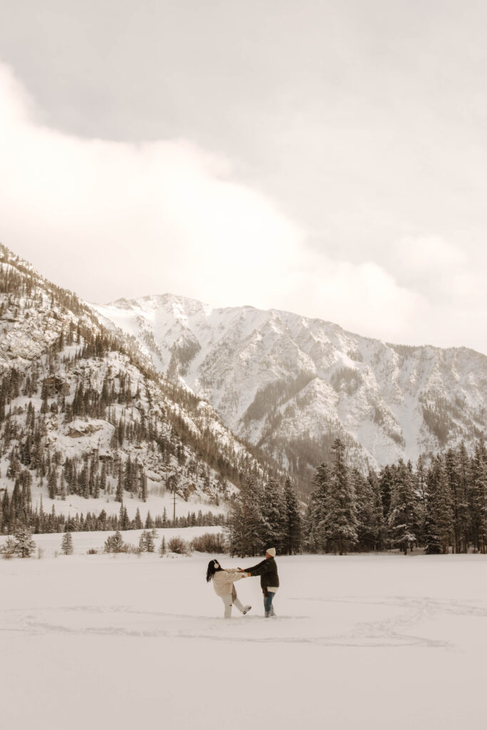 frozen lake Colorado engagement photo location