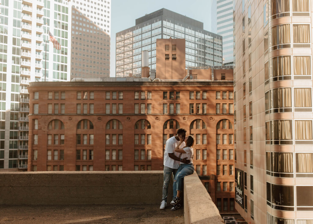 rooftop engagement photos in downtown Denver