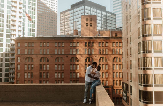 rooftop engagement photos in downtown Denver