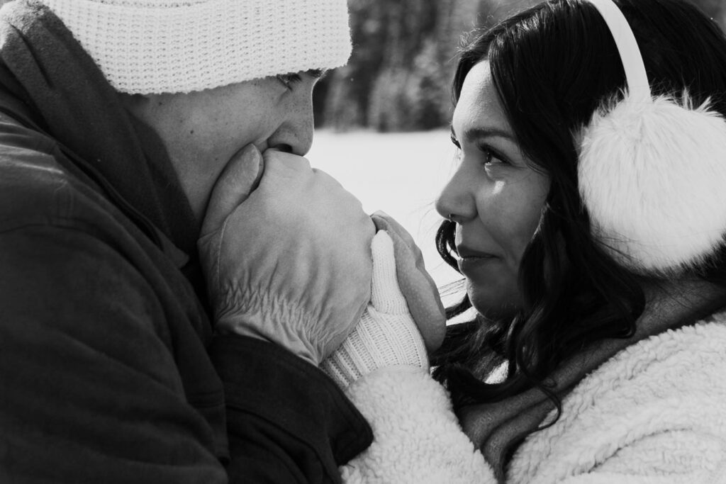 black and white mountain engagement pictures