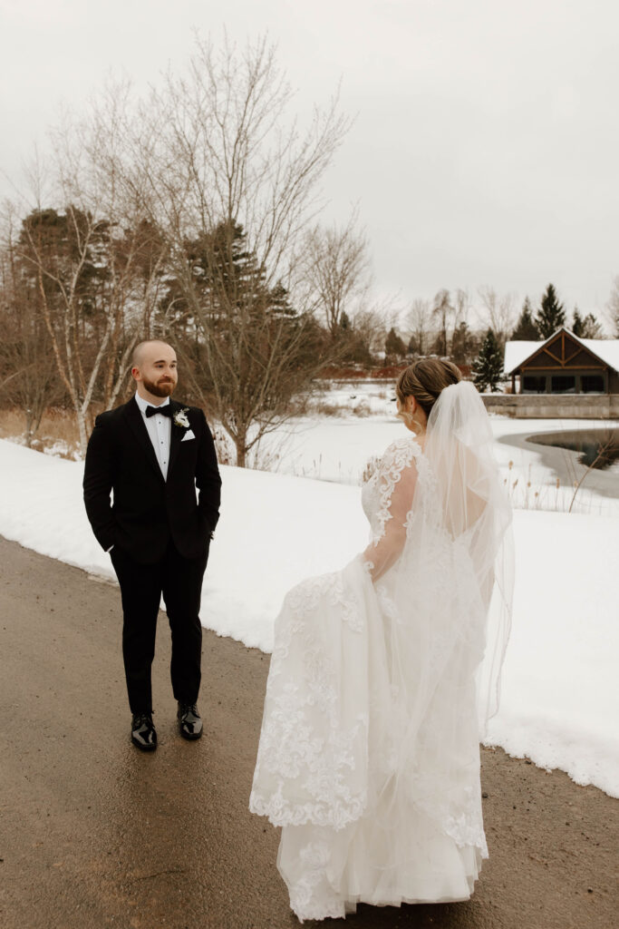 bride and groom first look