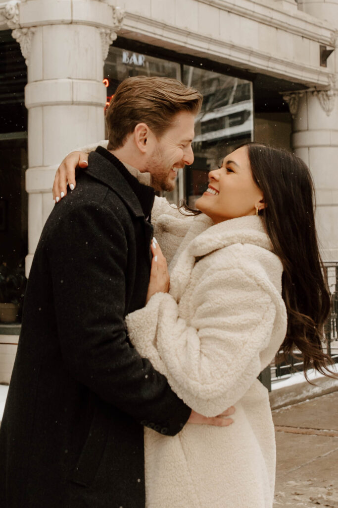 Downtown Denver engagement photos in the snow